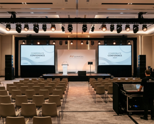 Professional AV equipment rental setup for a corporate event
