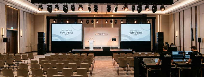 Professional AV equipment rental setup for a corporate event
