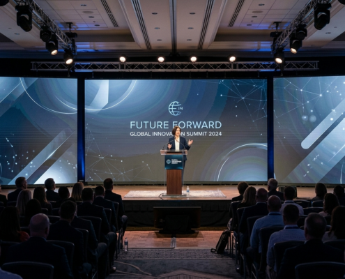 Large LED video wall used as stage backdrop for corporate conference presentation