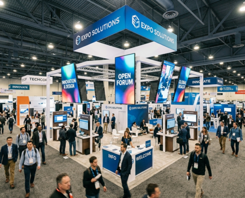 trade show booth visible from multiple angles across exhibit hall