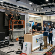 booth installation with crew and AV setup in progress
