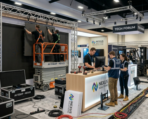 booth installation with crew and AV setup in progress