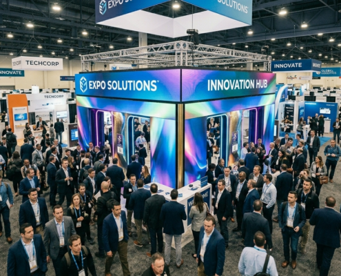 crowded trade show floor with booth capturing attention