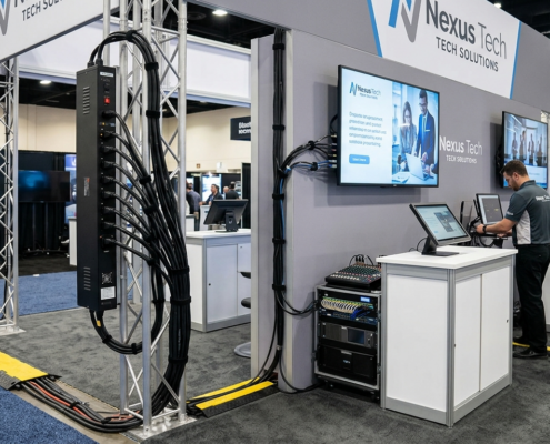 trade show booth power distribution and AV equipment setup