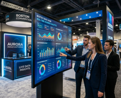 touchscreen data visualization display at Boston trade show booth