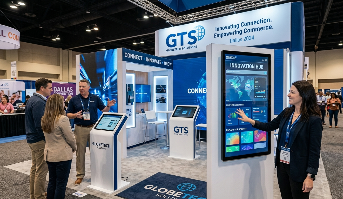 attendee using touchscreen technology at Dallas trade show booth