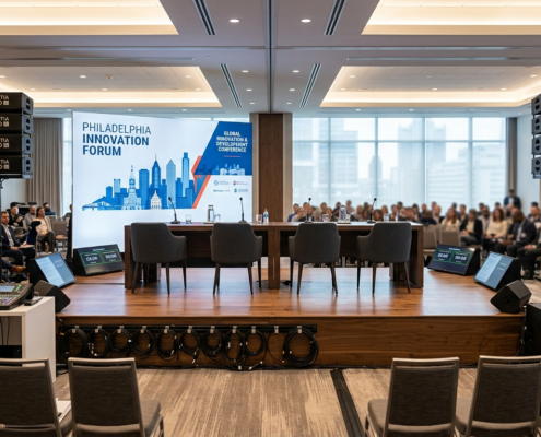 panel discussion audio setup with microphones and speakers in Philadelphia venue