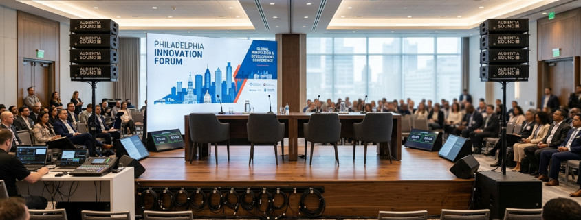 panel discussion audio setup with microphones and speakers in Philadelphia venue
